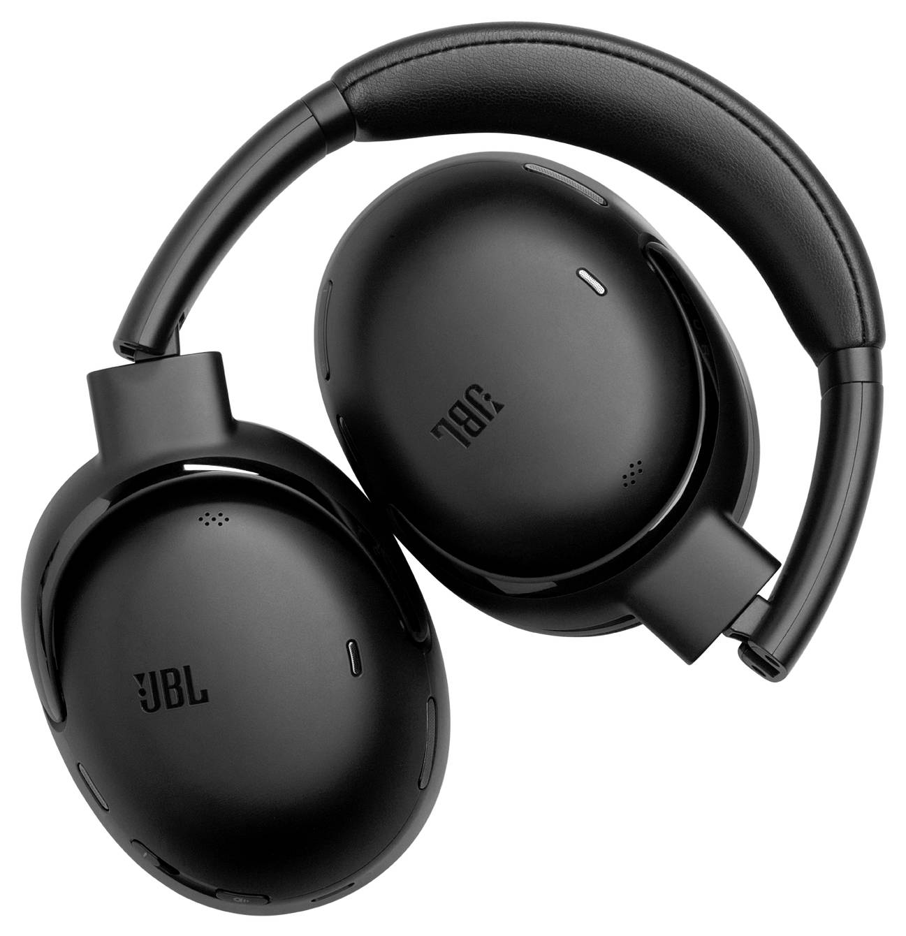Schwarze Over-Ear JBL Wireless-Kopfhörer mit gepolsterten Ohrmuscheln und verstellbarem Kopfbügel, gegen einen einfarbigen Hintergrund präsentiert.