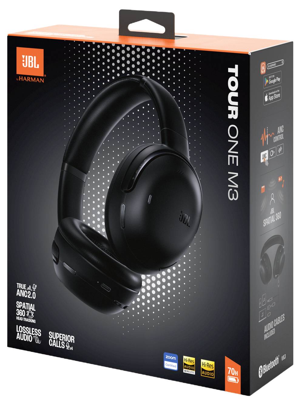 JBL Tour One M3 Kopfhörer in Schwarz, auf Verpackung präsentiert. Highlights: True Adaptive Noise Cancellation, 70 Stunden Wiedergabezeit, verlustfreie Audioqualität, räumlicher 360-Grad-Sound, Hi-Res Audio.