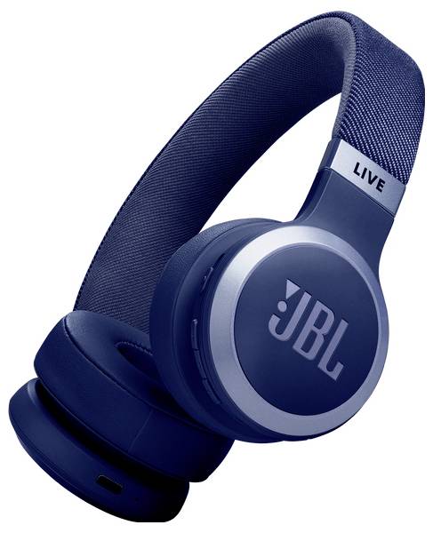 Blaue JBL Over-Ear-Kopfhörer mit 'LIVE'-Branding am Bügel und JBL-Logo auf den Ohrmuscheln.