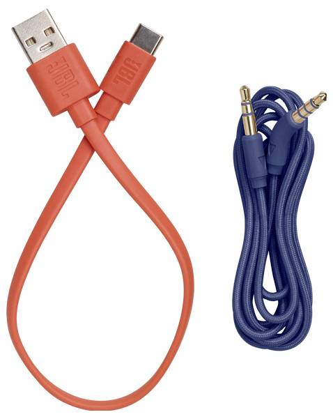 Rotes USB-C zu USB-A Kabel und blaues 3,5mm Audiokabel, seitlich nebeneinander getrennt.