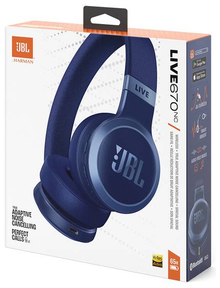 JBL Live 670NC Kopfhörer-Box, die blaue Over-Ear-Kopfhörer präsentiert mit Funktionen: adaptive Geräuschunterdrückung, perfekte Anrufe, 65h Akkulaufzeit.