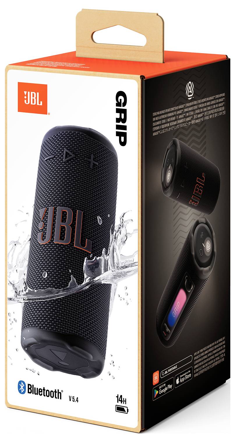 Verpackung eines tragbaren JBL Bluetooth-Lautsprechers, die seine wasserdichte Eigenschaft, 14-stündige Akkulaufzeit und Kompatibilitätsdetails zeigt.