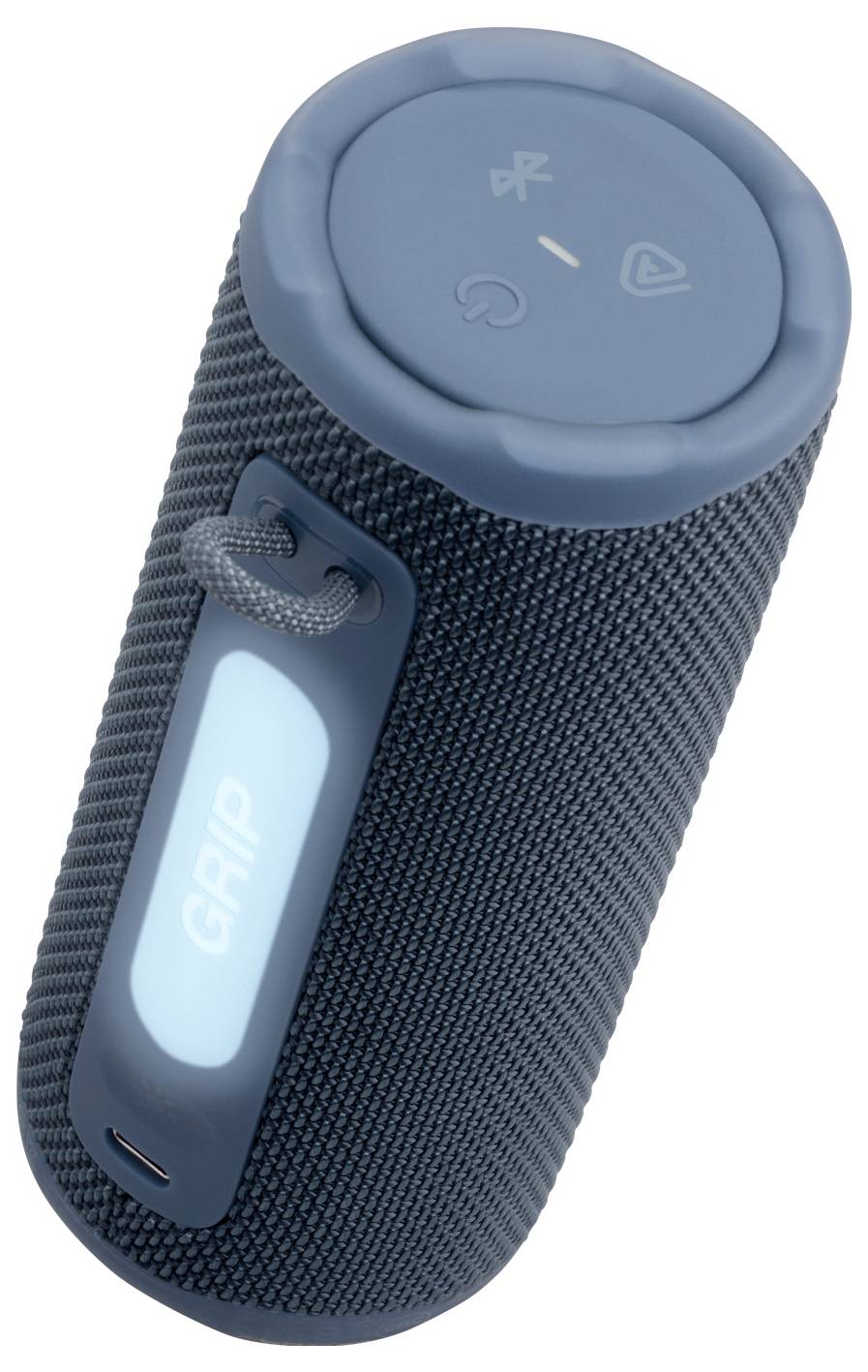 Ein tragbarer Bluetooth-Lautsprecher mit zylindrischer Form, ausgestattet mit Bedienungstasten auf der Oberseite und mit 'GRIP' beschriftet, mit einer strukturierten Oberfläche.