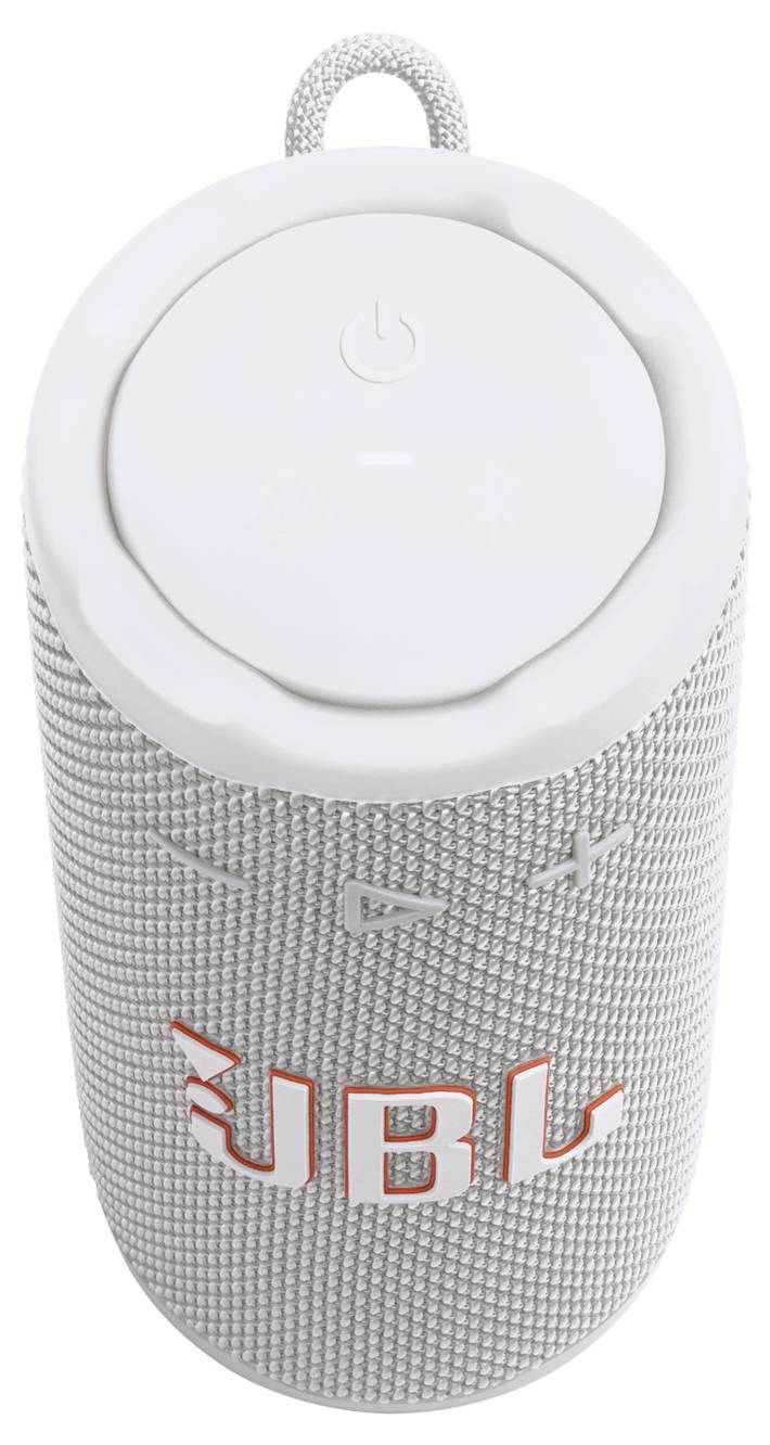 Ein weißer zylindrischer tragbarer Lautsprecher mit Bedienungstasten auf der Oberseite und dem 'JBL' Logo an der Seite.