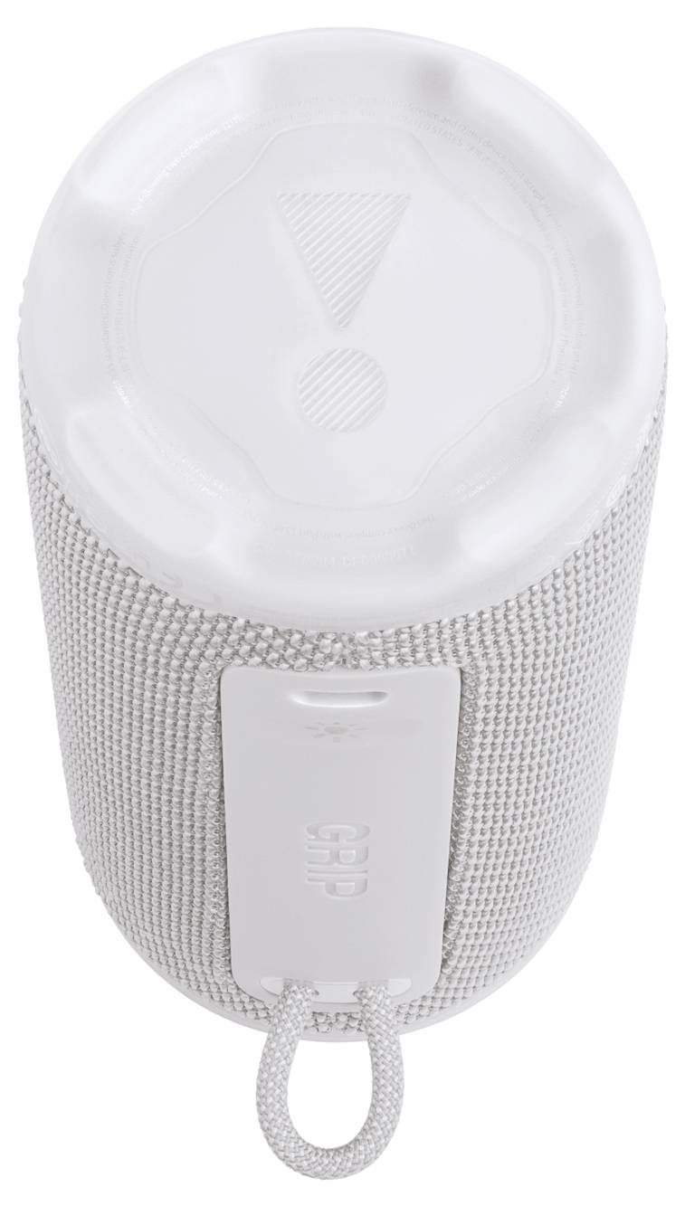Ein zylindrischer weißer Bluetooth-Lautsprecher mit Stoffaußenseite, ausgestattet mit einem Gummikontrollfeld, einer Trageschlaufe und einem Ausrufezeichensymbol auf der Oberseite.