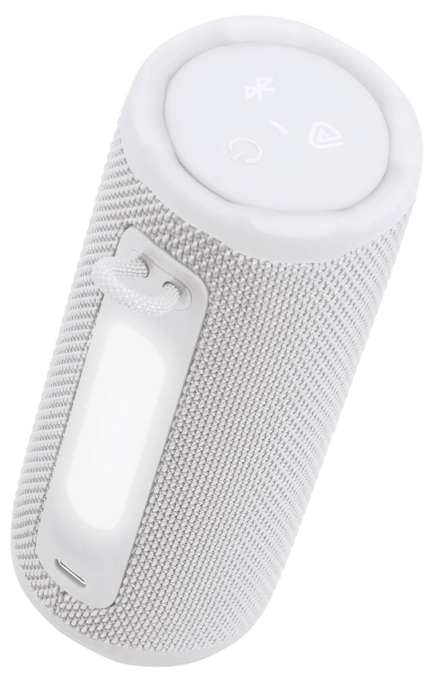 Ein zylindrischer Bluetooth-Lautsprecher in hellgrauem Stoffbezug mit Steuerungssymbolen auf der Oberseite für Ein/Aus, Bluetooth und Wiedergabe sowie einer Schlaufe zum Tragen.