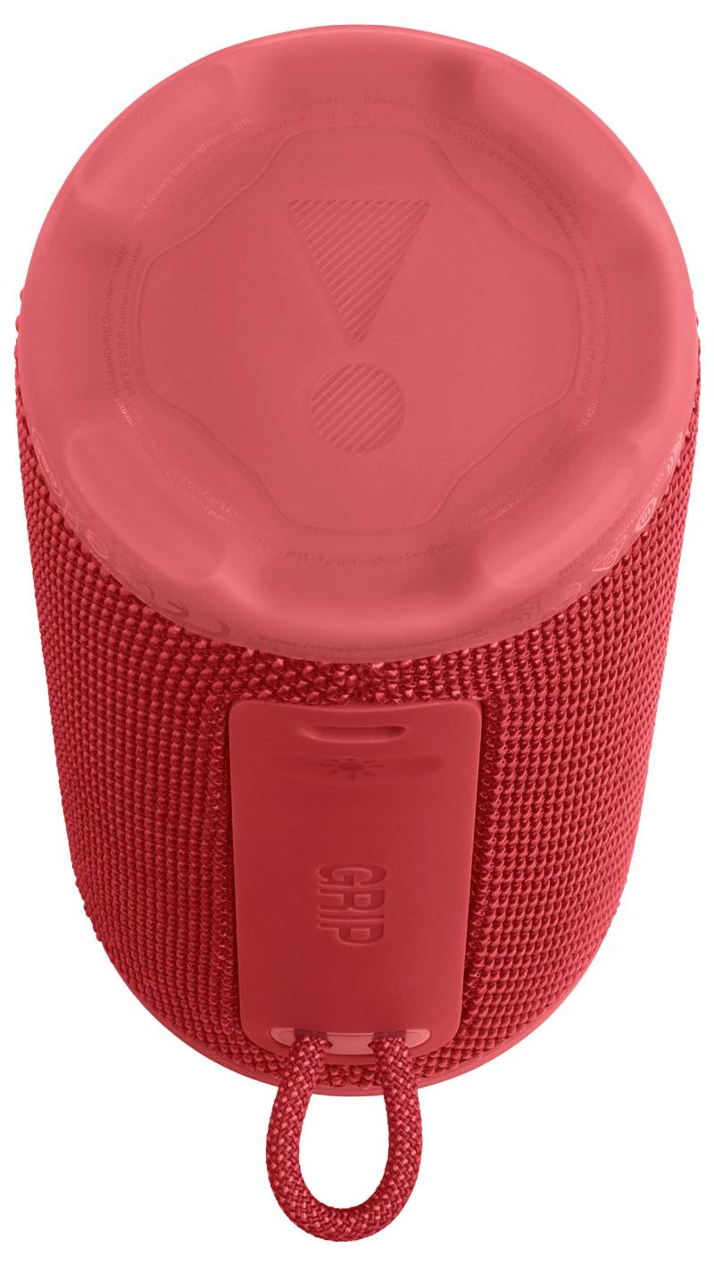 Roter tragbarer Bluetooth-Lautsprecher mit strukturiertem Stoffbezug und Bedienungstasten auf der Oberseite, für vertikale Aufstellung mit Schlaufengriff konzipiert.