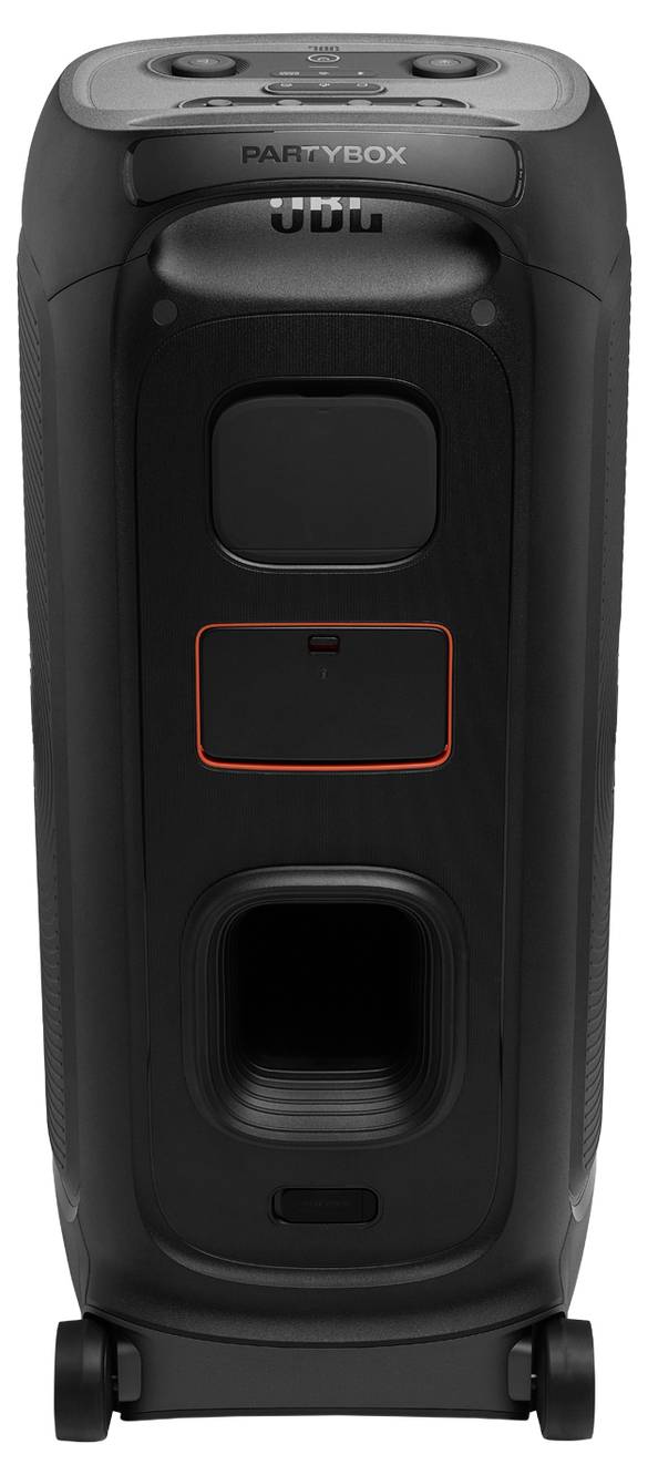 Ein schwarzer tragbarer Lautsprecher mit Bedienungstasten oben, einem auffälligen Woofer und Rädern für einfache Mobilität, mit der Aufschrift 'PARTYBOX'.