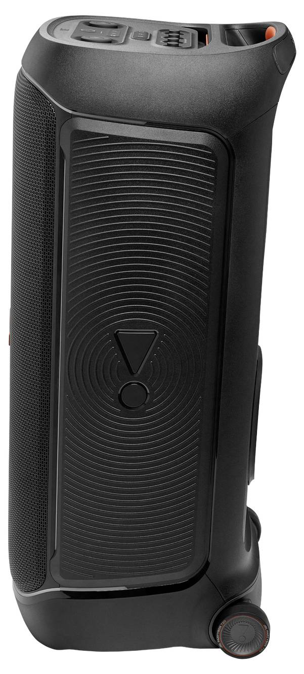 Ein schwarzer, tragbarer Lautsprecher mit gerippter Textur und Tasten auf der Oberseite, konzipiert für einfaches Tragen und verbesserte Klangqualität.