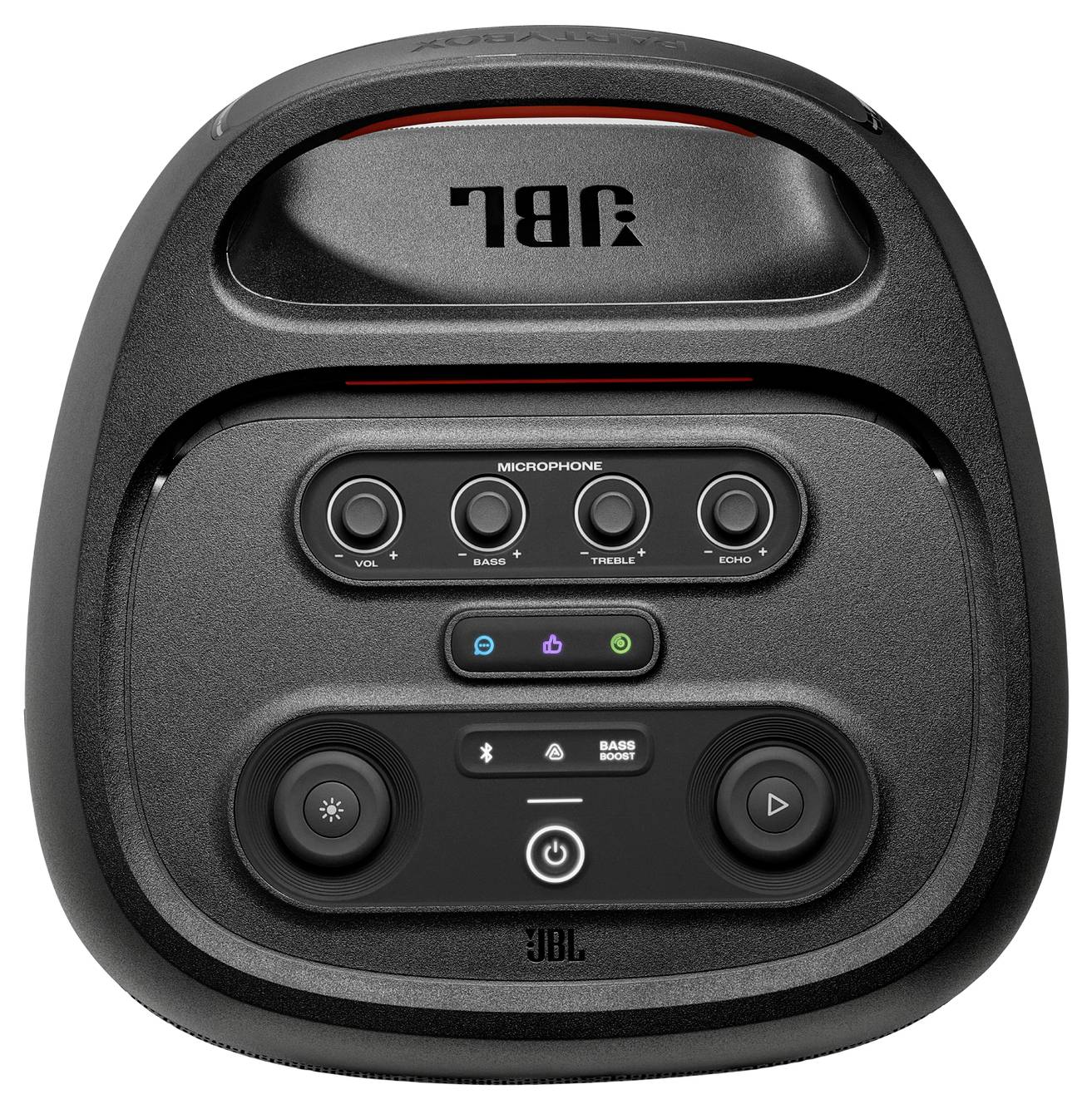 JBL Lautsprecherbedienfeld mit Tasten für Lautstärke, Bass, Höhen, Echoeinstellungen und Ein/Aus. Bassverstärkungstaste ist hervorgehoben.