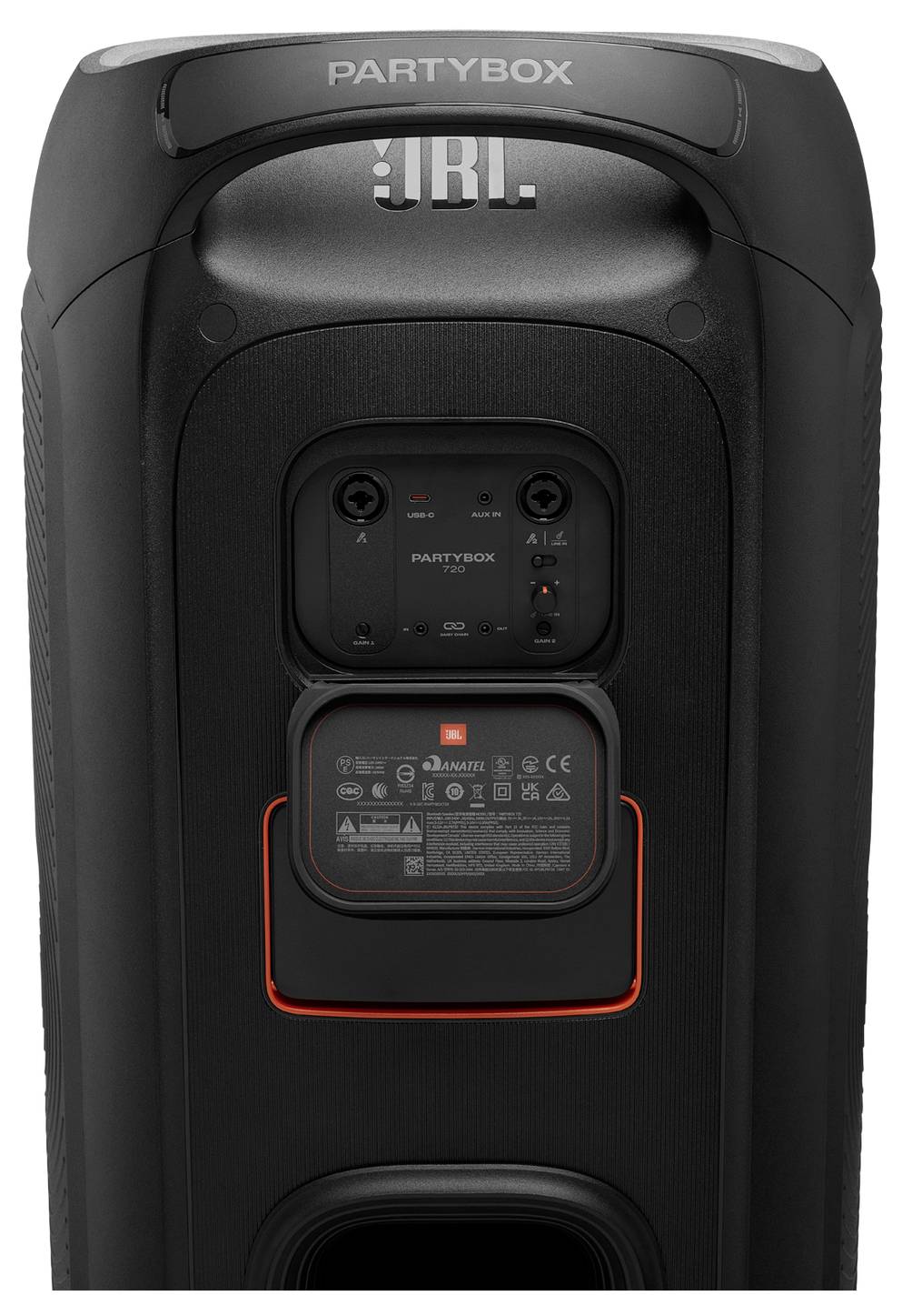 JBL Partybox Lautsprecher, schwarzes vertikales Design mit Bedienfeld auf der Oberfläche. Zu den Funktionen gehören Lautstärkeregler und verschiedene Eingabemöglichkeiten.