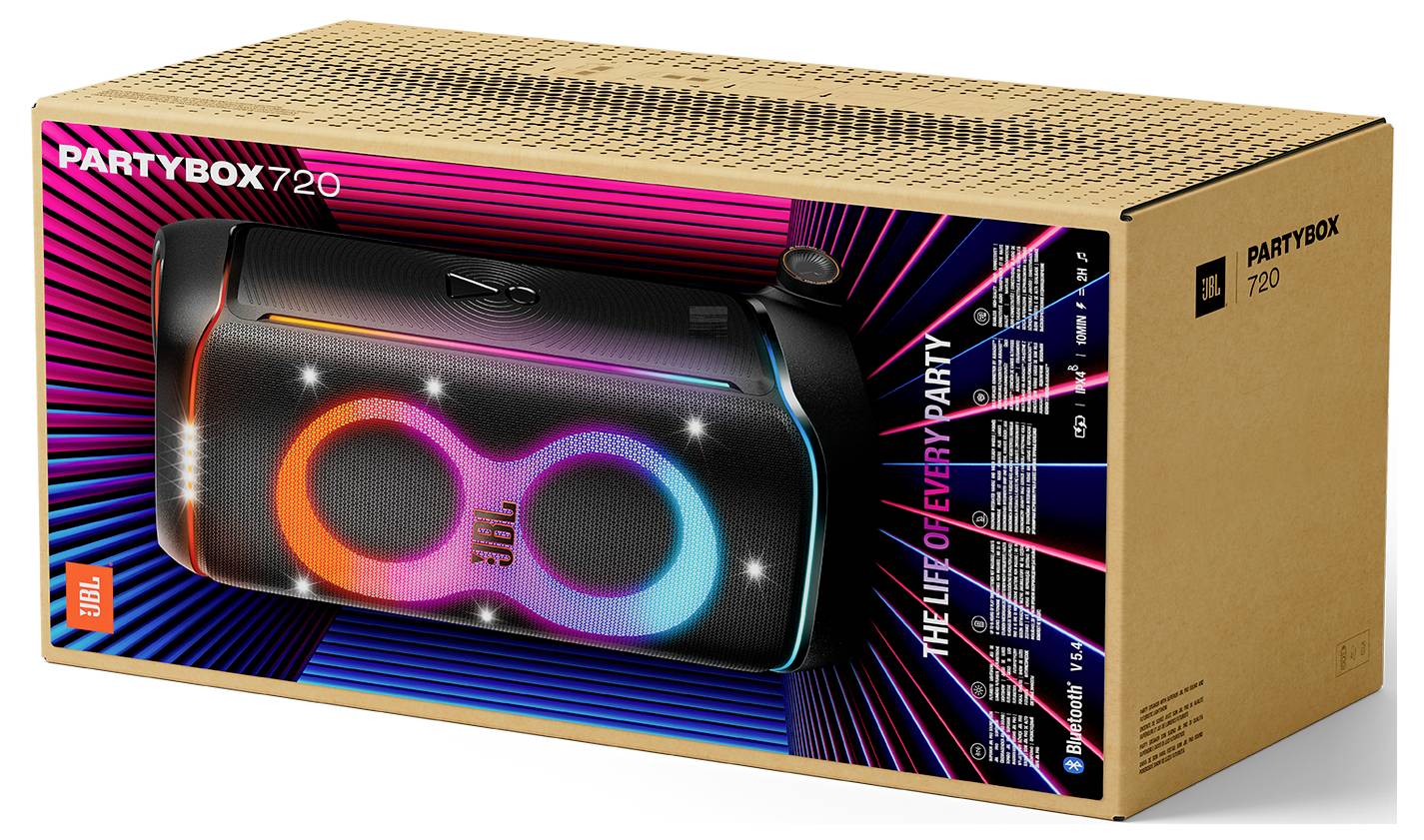 Ein farbenfroh beleuchteter JBL PartyBox 720 Lautsprecher sitzt in seiner Verpackung und hebt die lebendigen LED-Designs und Bedienelemente auf einem schwarzen rechteckigen Gehäuse hervor.