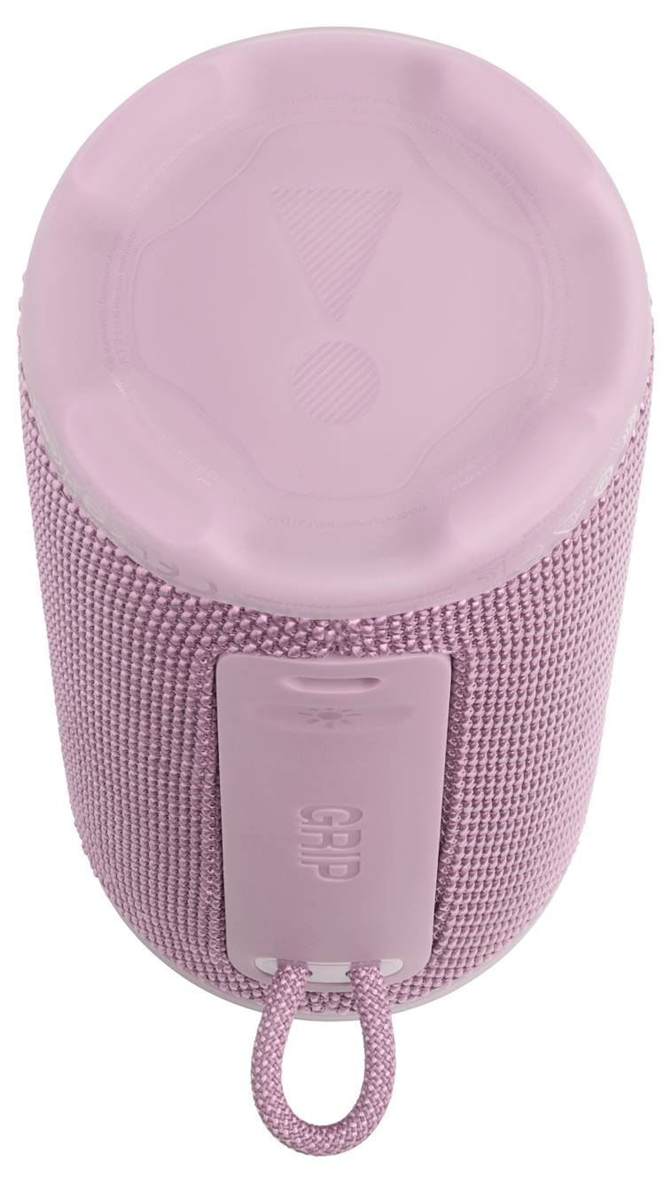 Ein rosa, zylindrischer tragbarer Lautsprecher mit einem Außengehäuse aus Stoffgeflecht, versehen mit Bedienungstasten und einer Tragschlaufe, aus der Draufsicht.