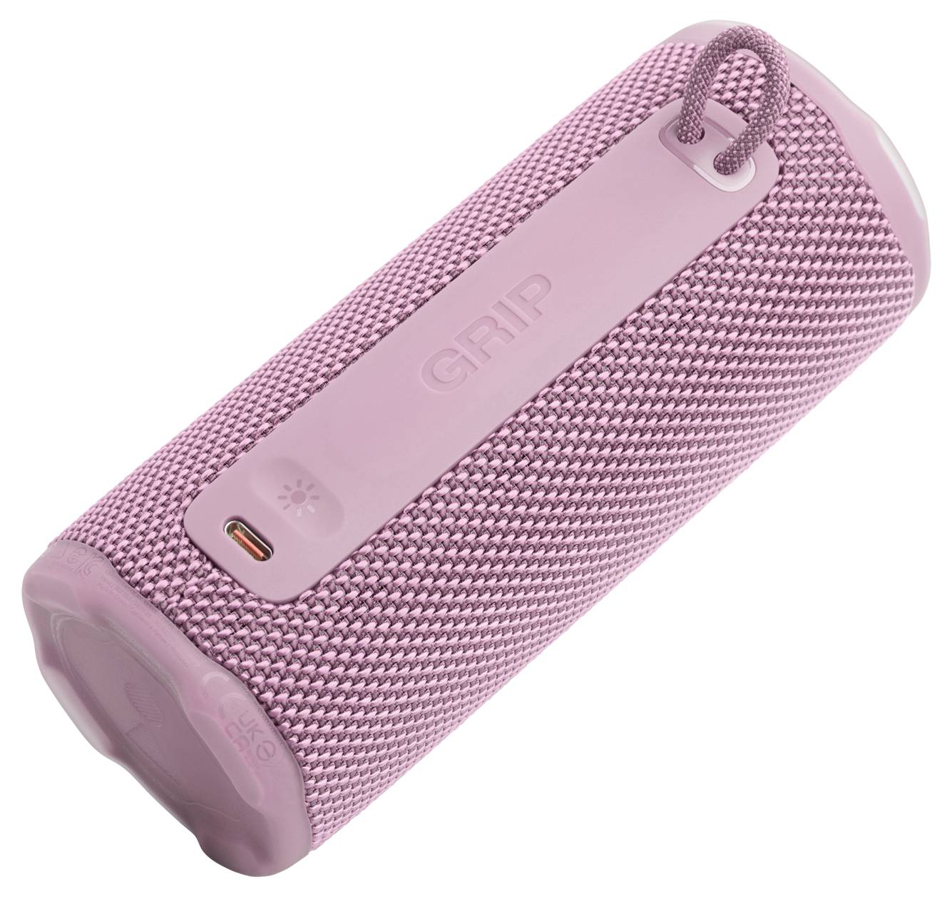 Ein rosa tragbarer Bluetooth-Lautsprecher mit einem Bezug aus strukturiertem Stoff, Schlaufe und USB-C-Ladeanschluss.