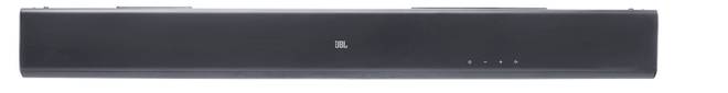 Eine schwarze Soundbar mit minimalem Design verfügt über vier kleine Tasten auf der rechten Seite und ein kleines Logo in der Mitte.