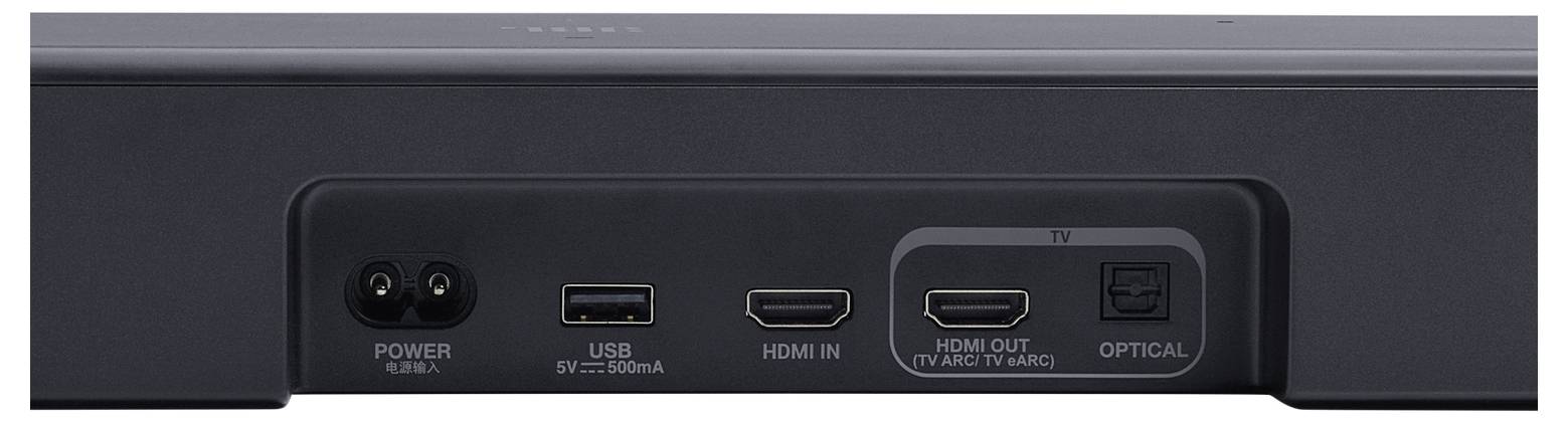 Rückseite des Geräts mit Anschlüssen beschriftet als: 'Stromversorgung', 'USB 5V==500mA', 'HDMI Eingang', 'HDMI Ausgang (TV ARC TV/ARC)', 'Optisch'.