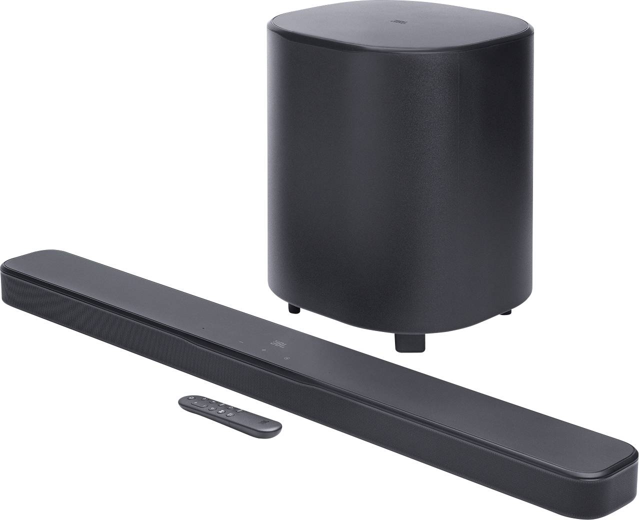 Eine elegante schwarze Soundbar und ein zylindrischer Subwoofer mit Fernbedienung, die moderne Heimaudio-Ausrüstung präsentieren.