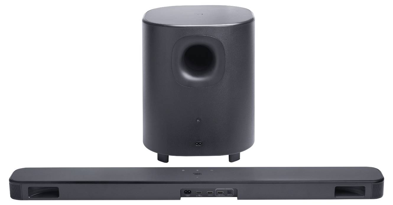 Ein schwarzes Soundbar- und Subwoofer-Set, bestehend aus einer rechteckigen Soundbar und einem zylindrischen Subwoofer mit einer frontseitigen Öffnung.