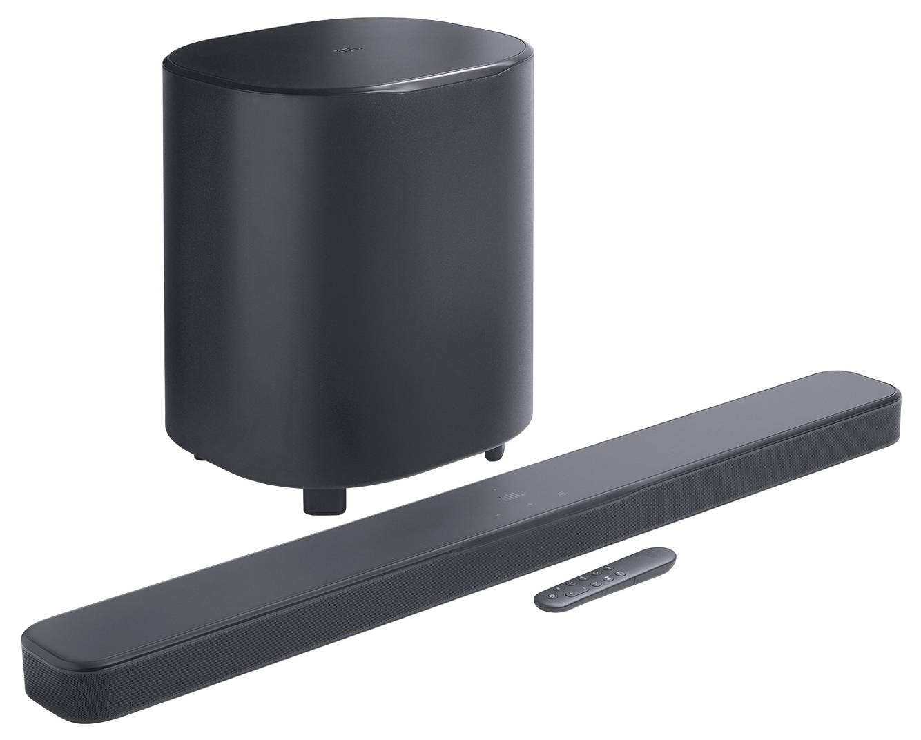 Schwarze Soundbar, Subwoofer und Fernbedienung.