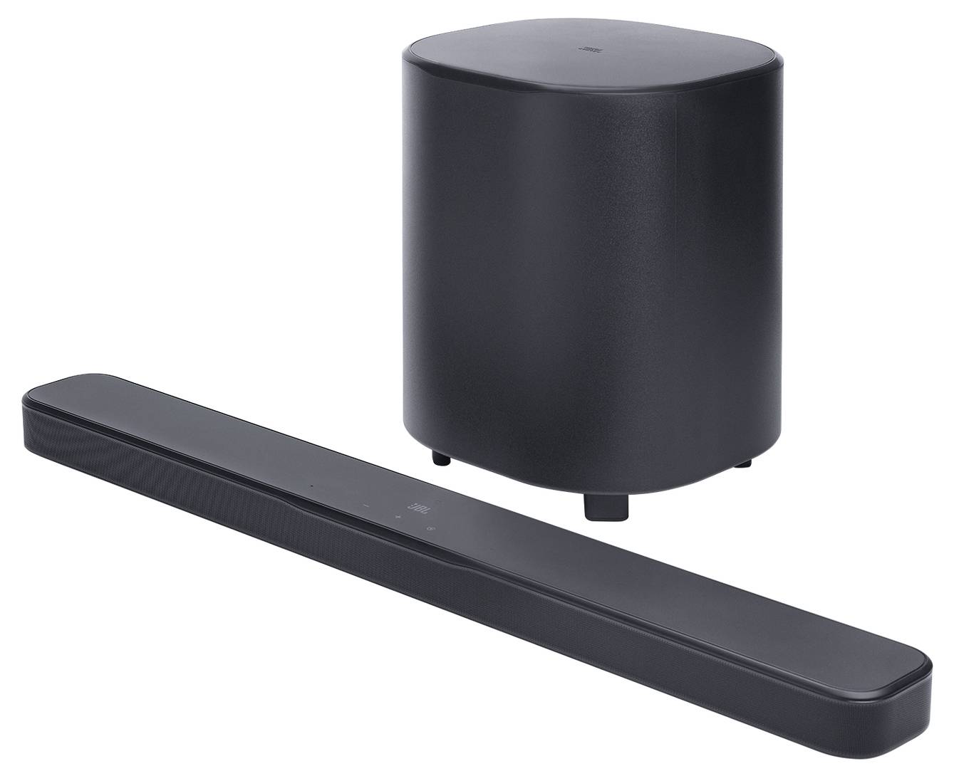 Ein schlankes schwarzes Soundbar- und Subwoofer-Set, präsentiert auf weißem Hintergrund.