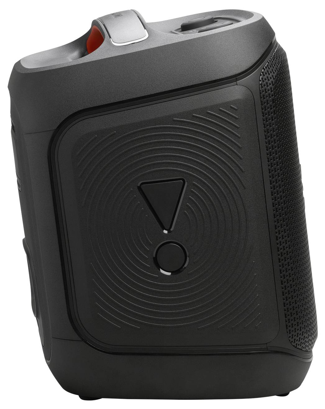 Tragbarer schwarzer Lautsprecher mit strukturiertem Design, Bedienungstasten auf der Oberseite und einem dreieckigen Symbol an der Seite.