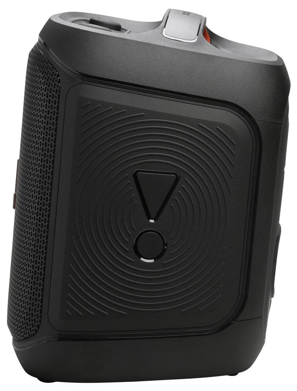 Ein schwarzer tragbarer Lautsprecher mit strukturiertem kreisförmigem Design und Bedienungstasten auf der Oberseite.