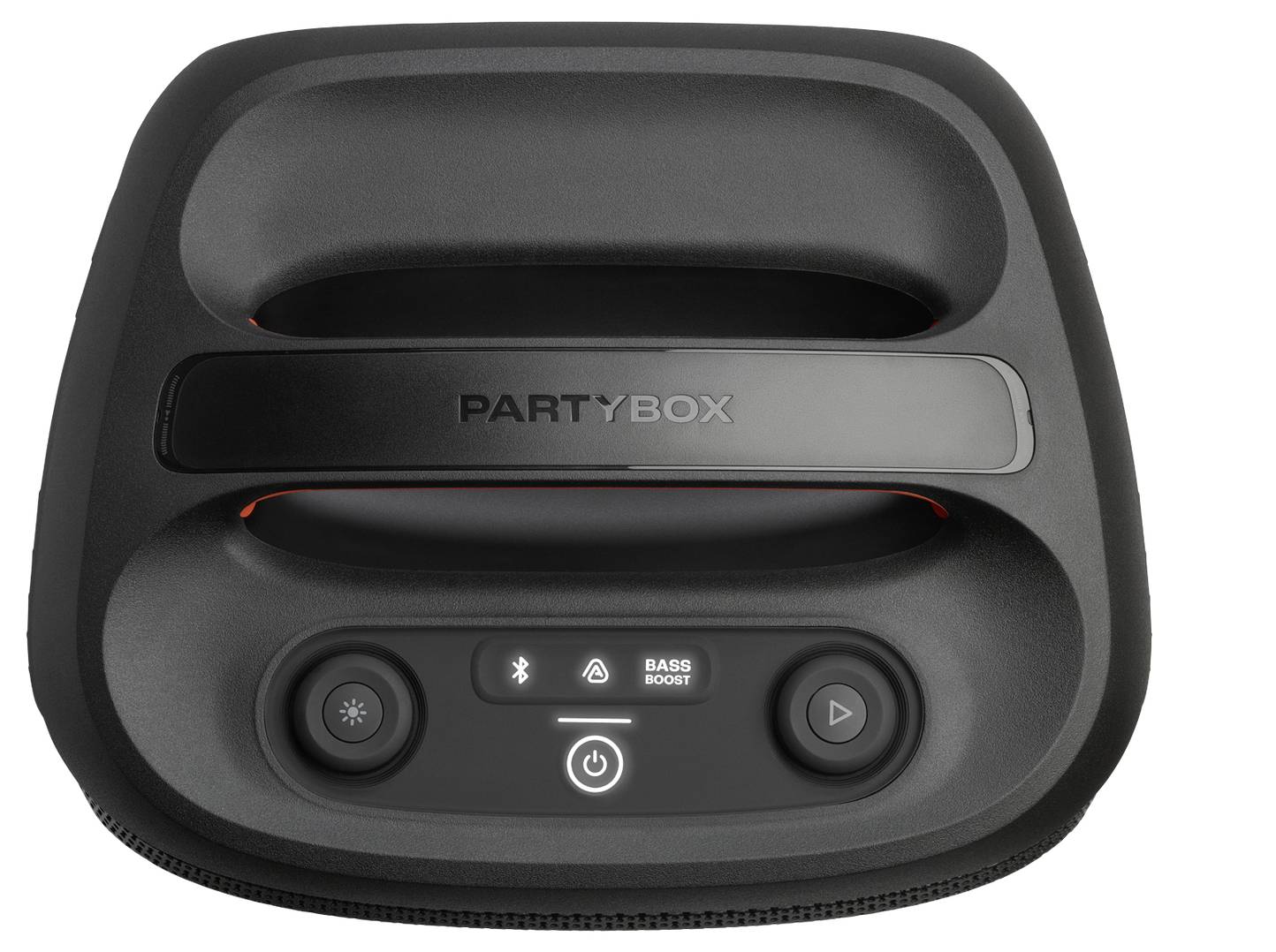 'PARTYBOX' Lautsprecher Draufsicht mit Bedienfeld, das Bass Boost, Bluetooth, Einschaltknopf und Griff für Mobilität zeigt.