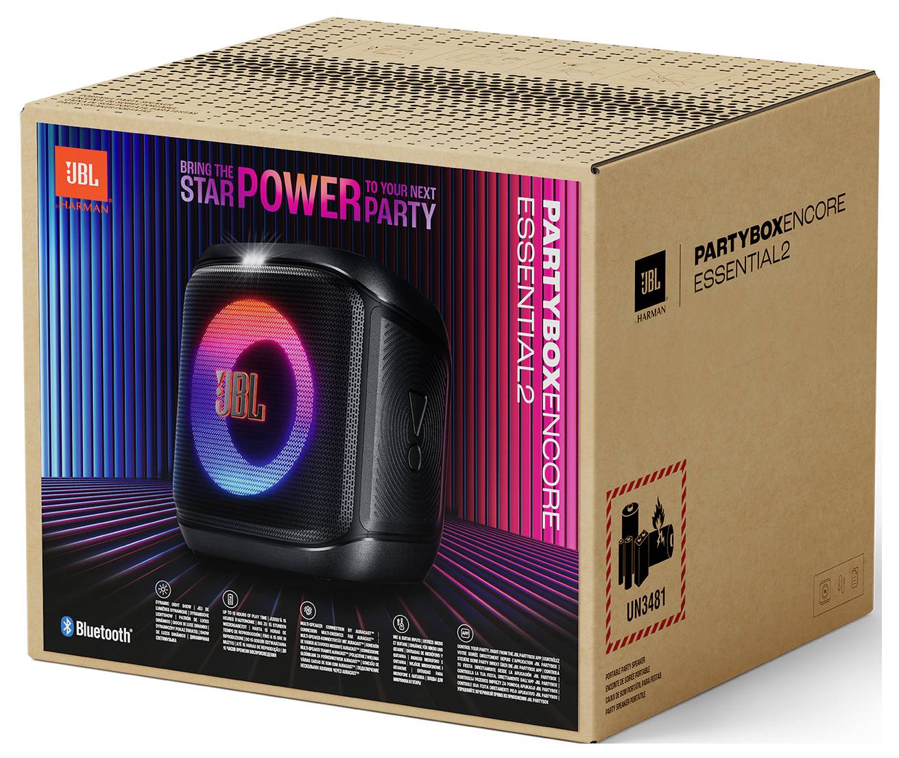 JBL Partybox Encore Essential 2 Verpackung mit einem Lautsprecher, der mehrfarbige Beleuchtung und Bluetooth-Konnektivität zeigt.