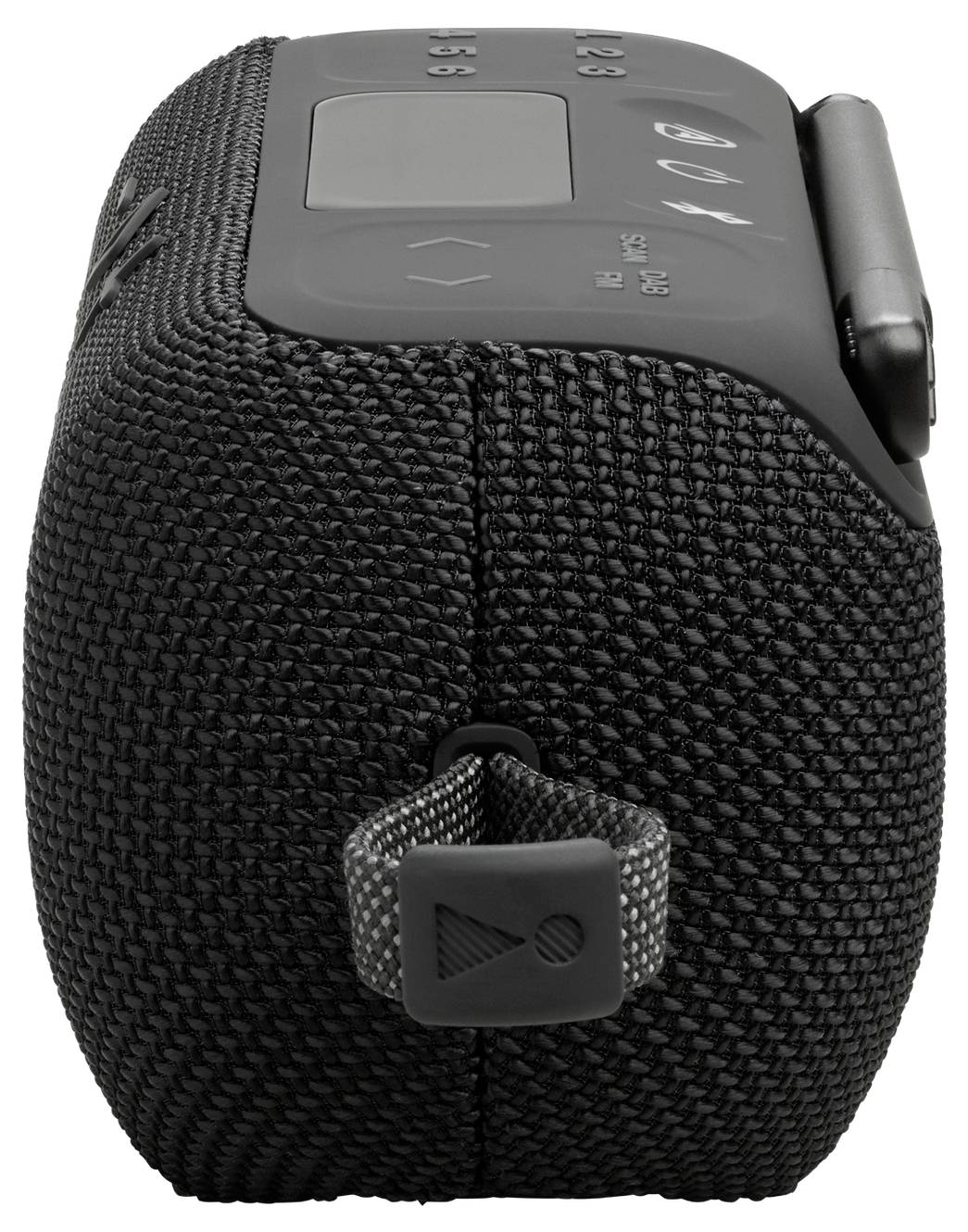 Seitenansicht eines schwarzen tragbaren Lautsprechers mit einer strukturierten Oberfläche und Bedienungstasten auf der Oberseite, einschließlich Ein-/Aus-Schalter und Bluetooth-Symbolen.