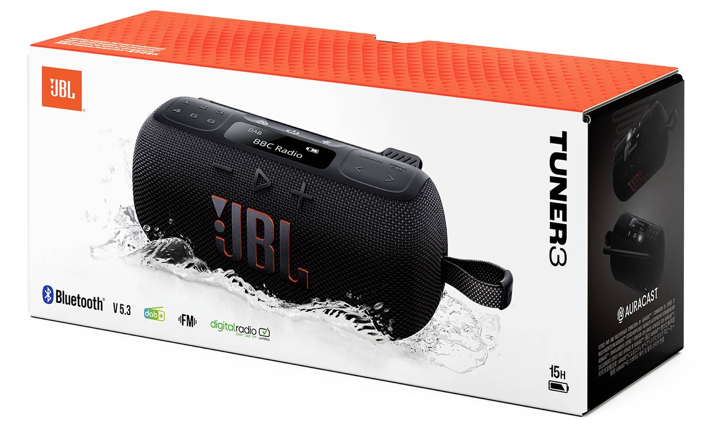 Die Abbildung zeigt eine JBL Tuner 3 tragbare Lautsprecher-Box und hebt die Bluetooth-Konnektivität, UKW-Radio und Wasserdichtigkeit als Funktionen hervor.