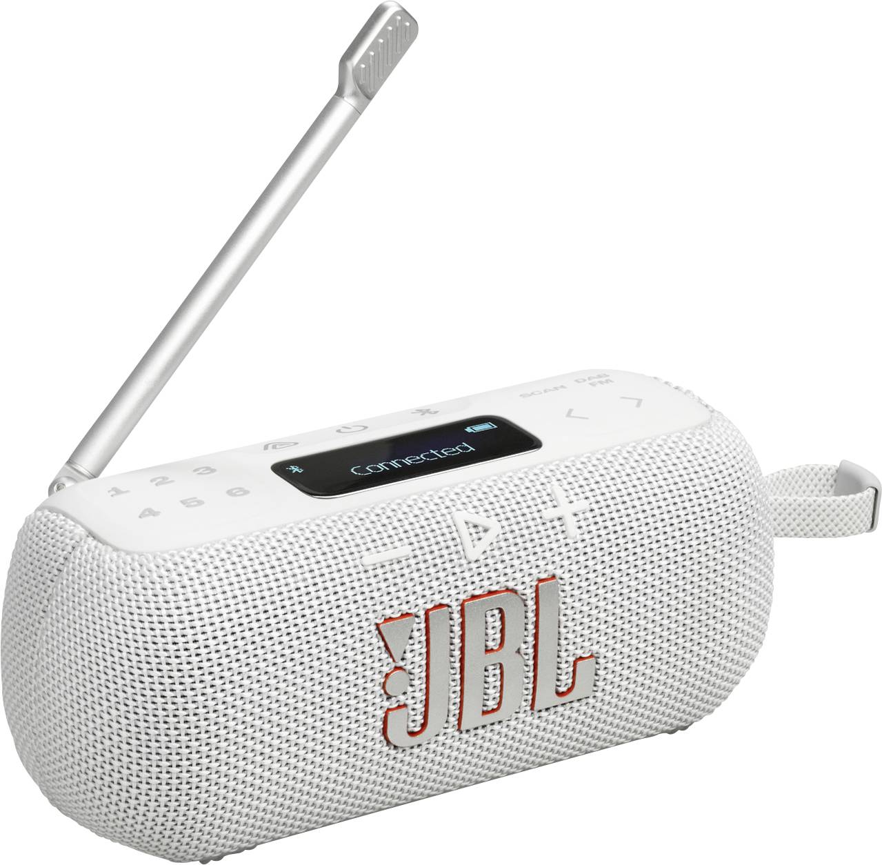 Ein weißer JBL-Portablelautsprecher mit Bedienungstasten, einem digitalen Display, das 