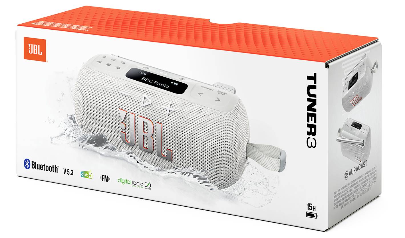 Verpackung des 'JBL Tuner 3' portablen Bluetooth-Lautsprechers, der den Lautsprecher zeigt, wie er im Wasser spritzt und damit sein wasserdichtes Design unterstreicht.