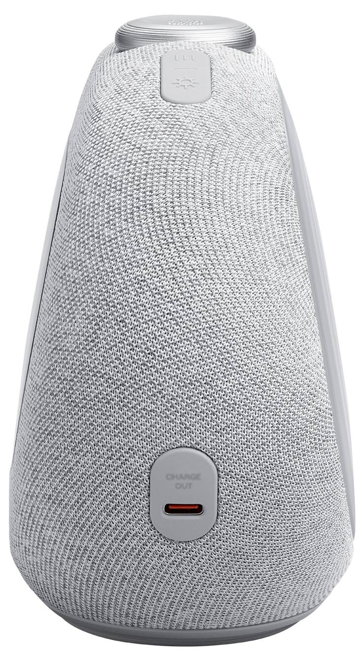 Ein kegelförmiger, grauer Smart-Lautsprecher, der mit Stoff bezogen ist, mit einer Steuerungstaste an der Oberseite und einem Ladeanschluss im unteren Bereich.