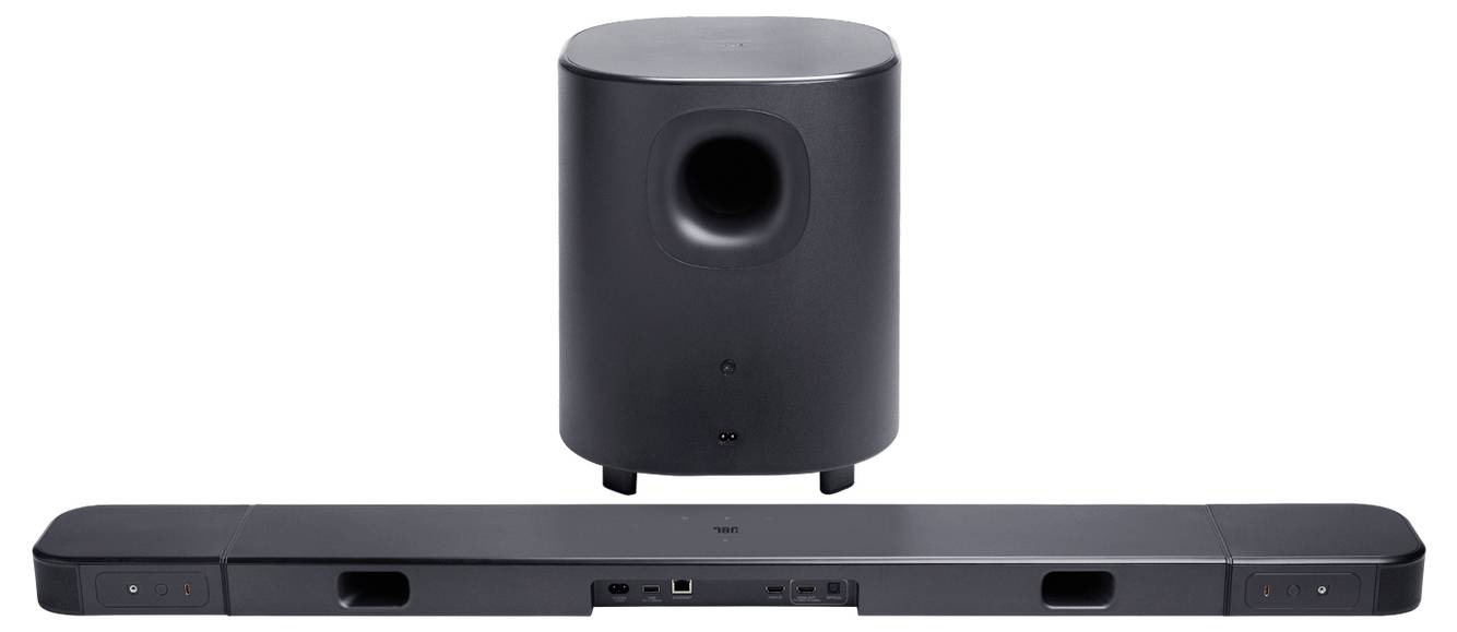 Ein schwarzes Soundbar- und Subwoofer-Set, das zur Verbesserung der Heimaudioanlage konzipiert ist.