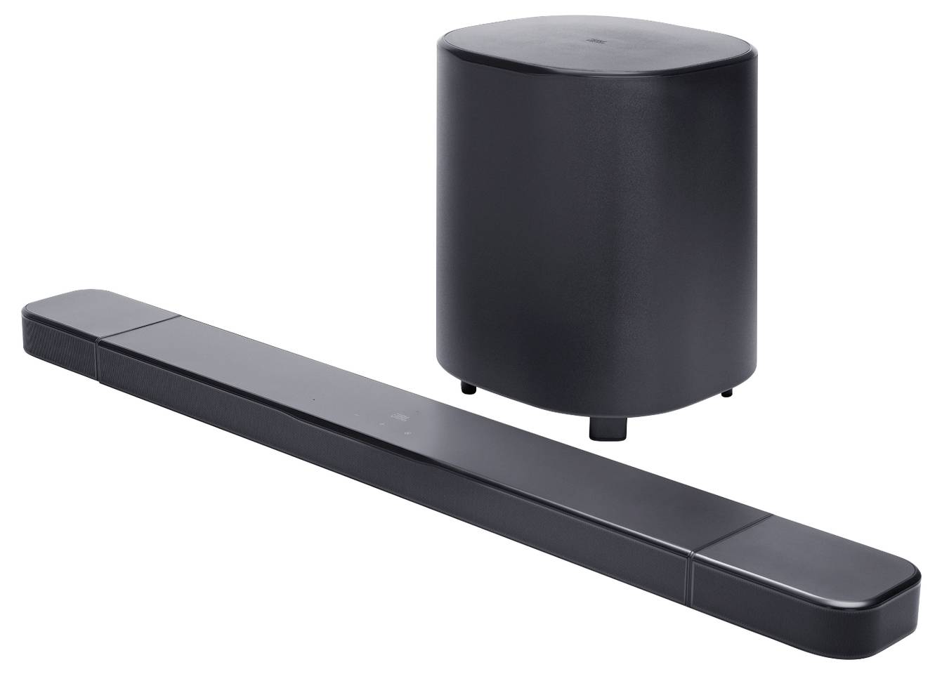 Eine schwarze Soundbar und ein Subwoofer. Die Soundbar ist länglich und schlank, während der Subwoofer kompakt und zylindrisch gestaltet sind, beide konzipiert zur Audiooptimierung.