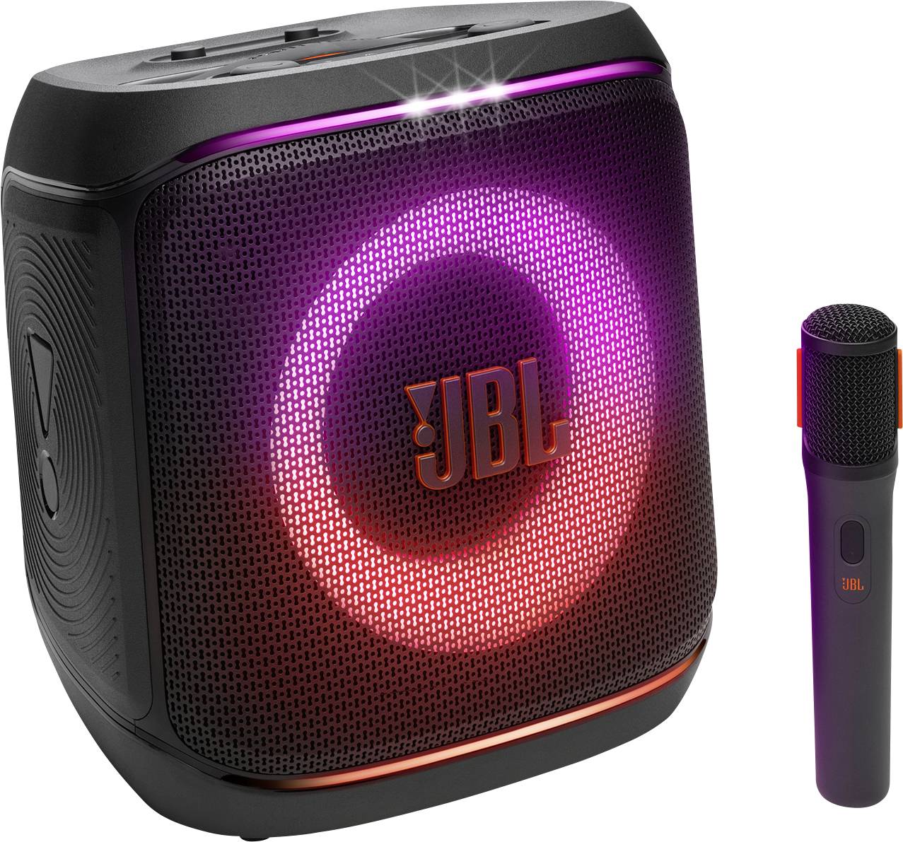 JBL-Lautsprecher mit einem leuchtenden Ring, der farbenfrohe Lichter ausstrahlt, zusammen mit einem drahtlosen Mikrofon, was auf eine Karaoke-Einrichtung hindeutet.