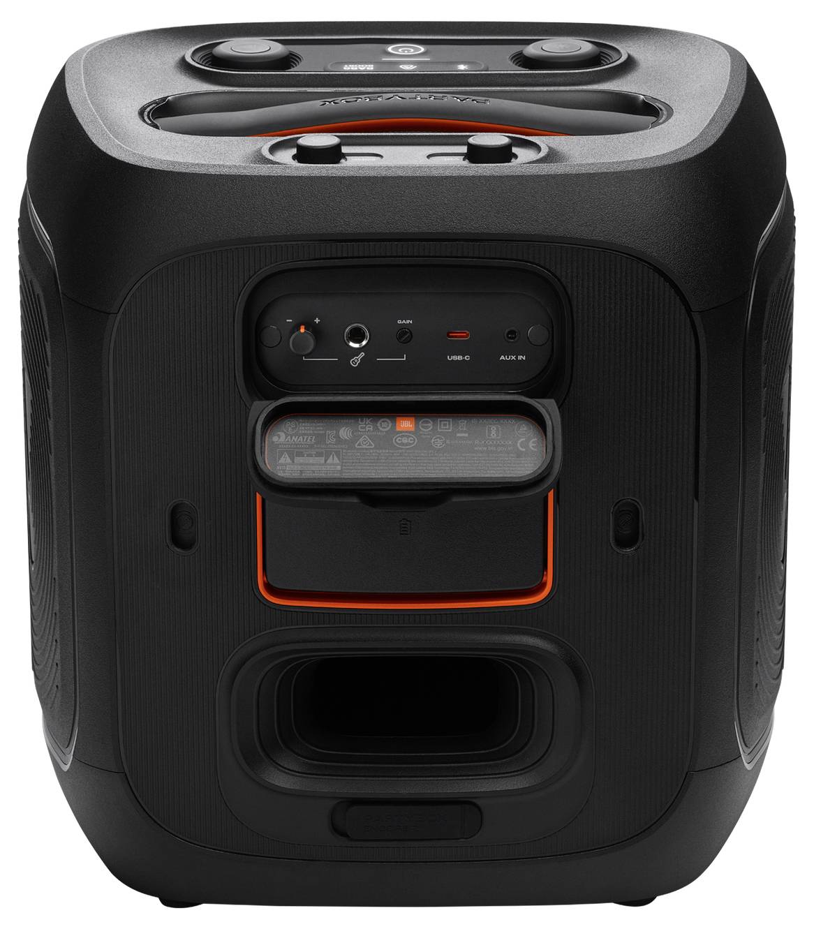 Ein schwarzer, kastenförmiger Lautsprecher mit Bedienungstasten oben, Anschlüssen an der Vorderseite und einem Griff für bessere Transportierbarkeit.