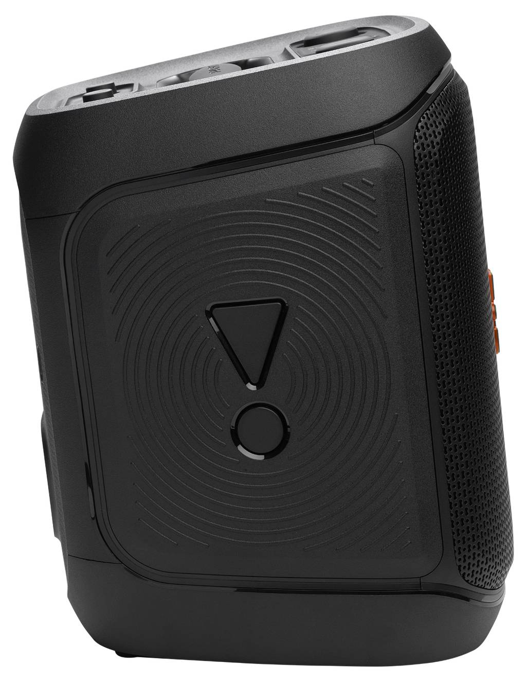 Ein kompakter, schwarzer drahtloser Lautsprecher mit Bedienungstasten auf der Oberseite und einer strukturierten Seite, entwickelt für Mobilität und einfache Handhabung.