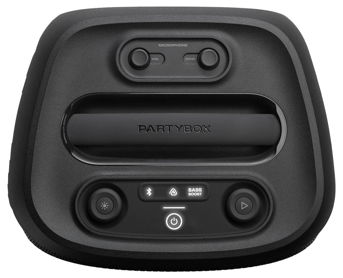 Ein schwarzes Lautsprecherbedienfeld mit Tasten für Lautstärke, Bassboost, Bluetooth-Verbindung und Ein/Aus, beschriftet mit 'PARTYBOX'.