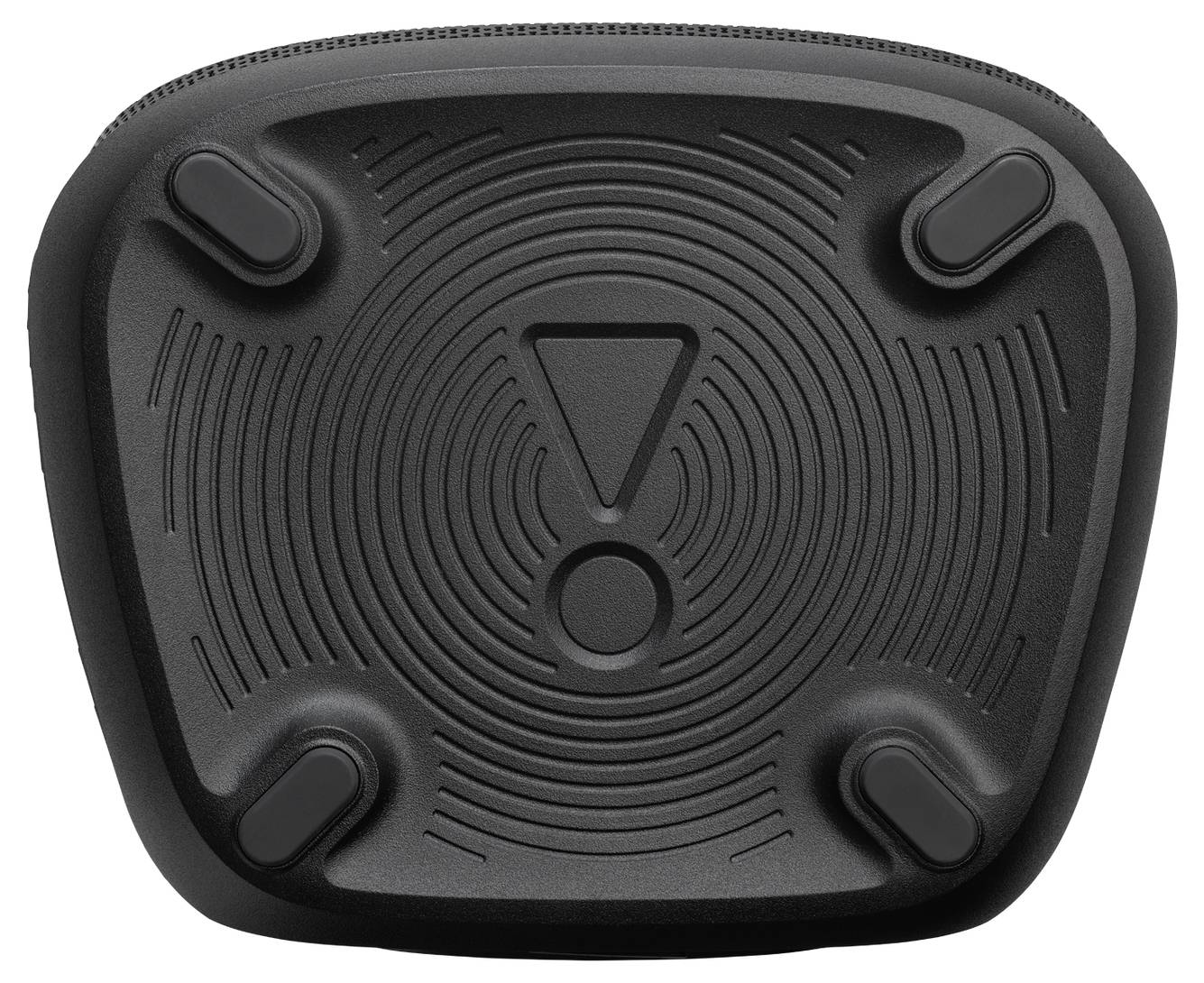 Eine schwarze Gummifläche mit vier kleinen Griffen und einem großen Ausrufezeichen in der Mitte, die konzentrische kreisförmige Muster aufweist.