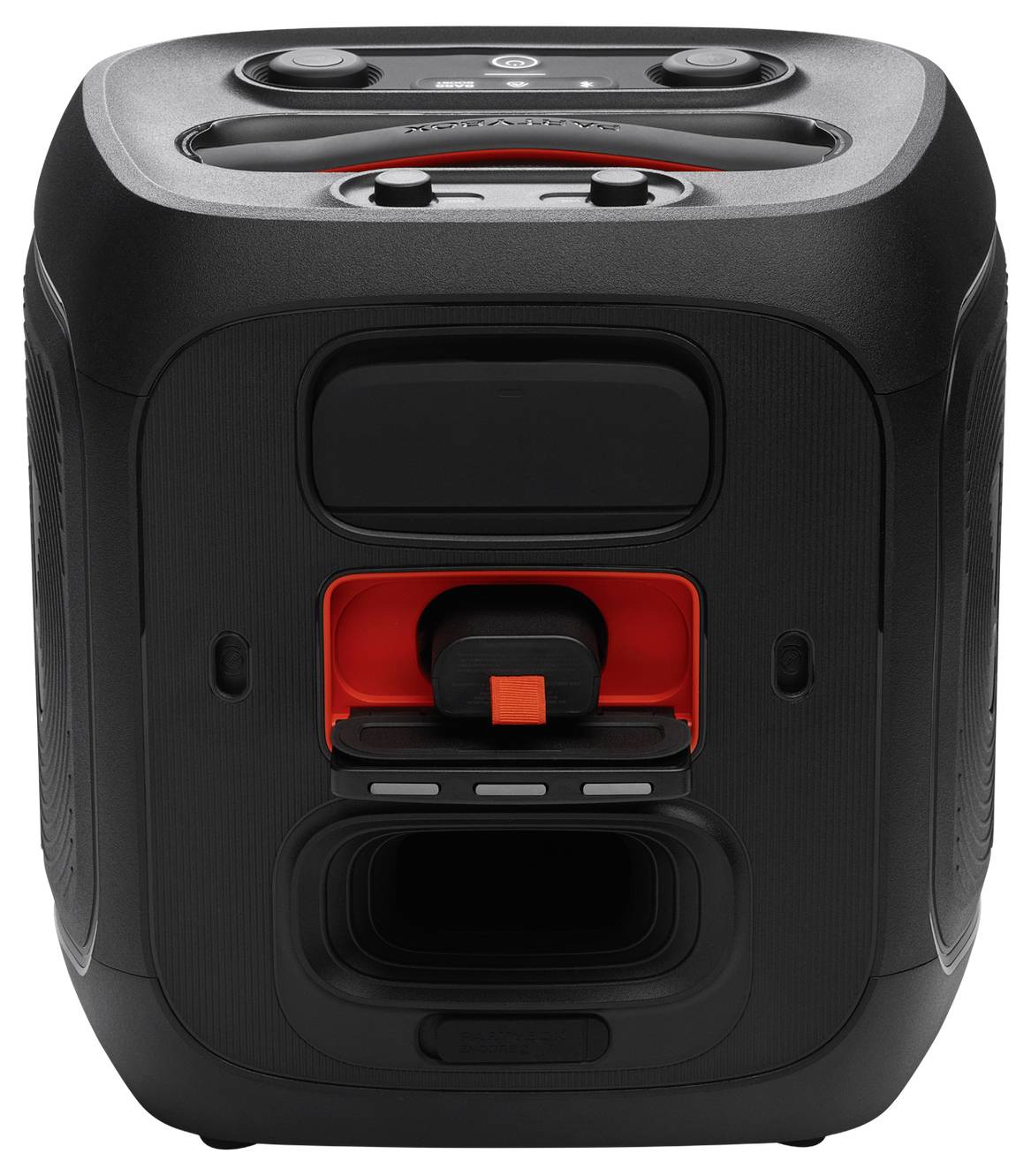 Ein schwarzer und roter tragbarer Lautsprecher mit sichtbaren Bedienungstasten und einem Griff zum einfachen Tragen, speziell für den Einsatz im Freien konzipiert.
