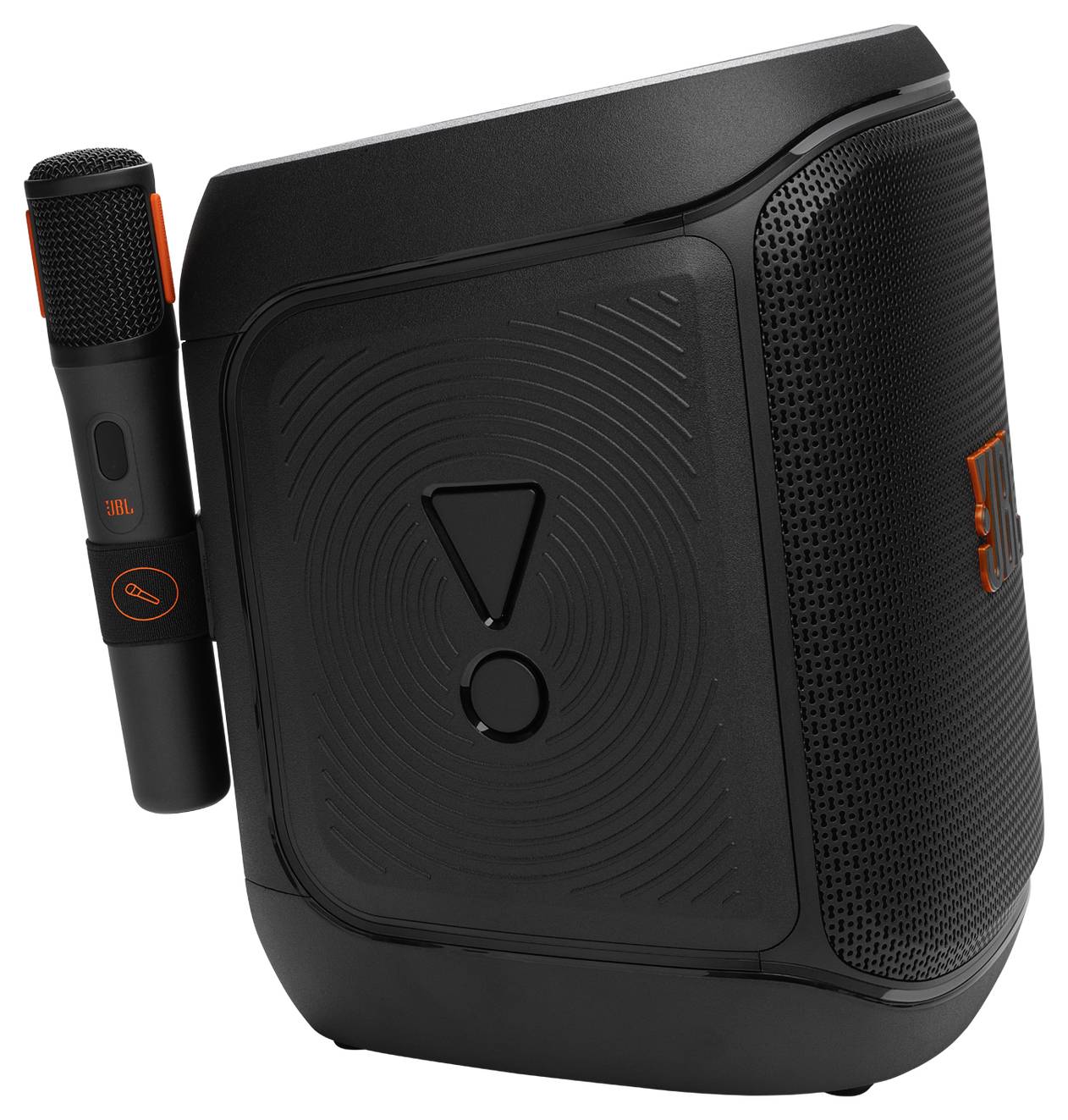 Ein schwarzer, tragbarer Lautsprecher mit einem drahtlosen Mikrofon. Der Lautsprecher verfügt über orangefarbene Akzente und eine strukturierte Oberfläche für einen sicheren Halt.