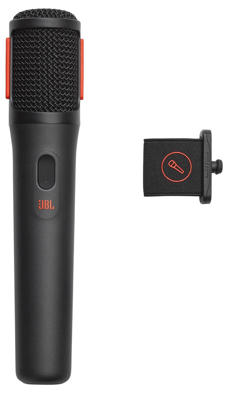 Ein schwarzes Handmikrofon mit einem roten JBL-Logo, versehen mit einem abnehmbaren Halterungsadapter mit einem roten Mikrofonikon.