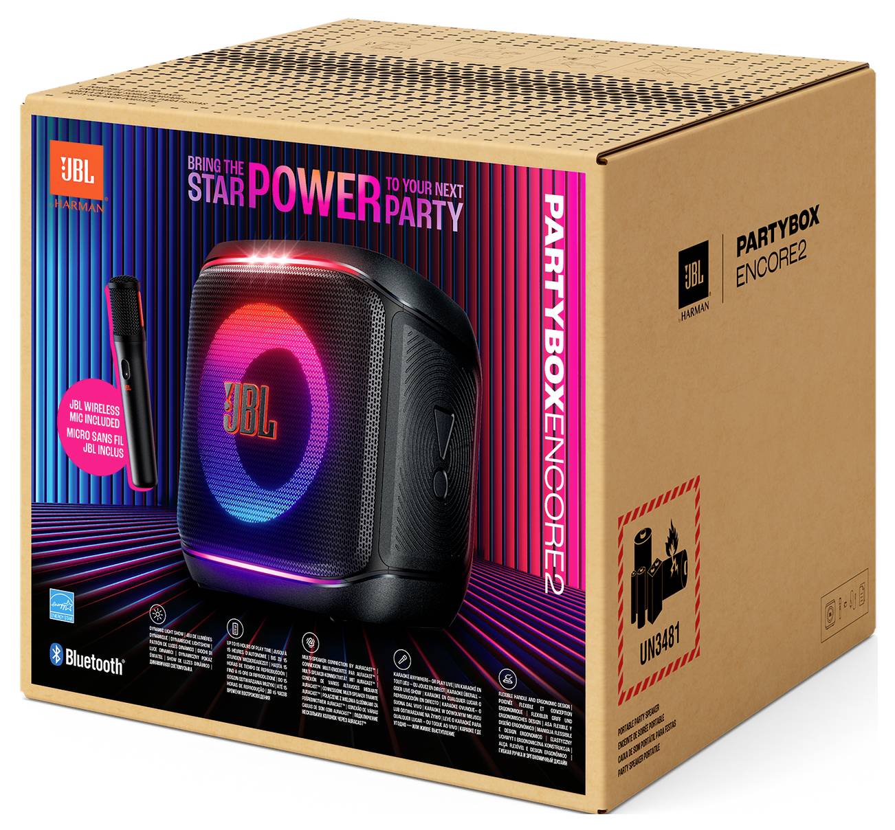 JBL Partybox Encore 2 Lautsprecher in einer Box mit bunter Beleuchtung und Mikrofonicon, mit Betonung auf Bluetooth- und drahtlosen Mikrofonfunktionen.