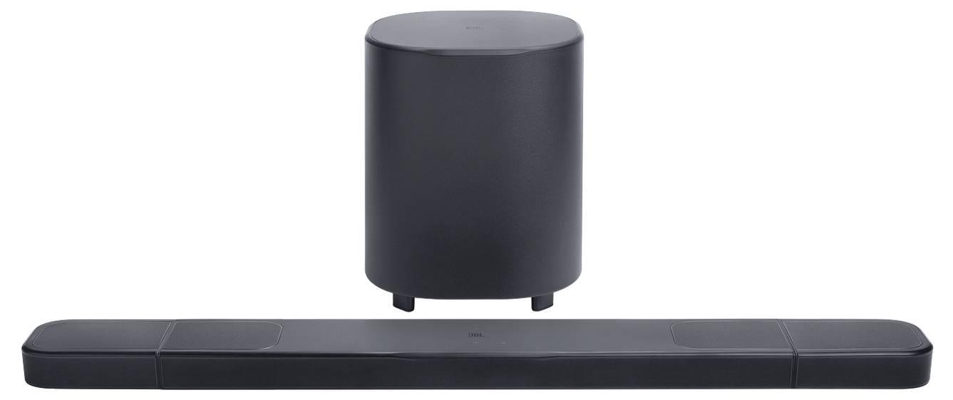 Ein schwarzes Soundbar- und Subwoofer-Set, konzipiert für Heimaudiosysteme, vor einem neutralen Hintergrund platziert.