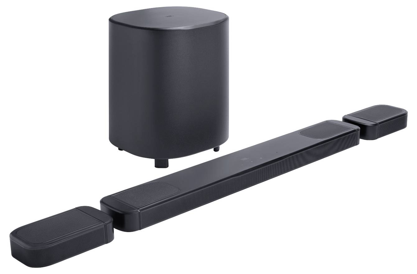 Ein schwarzes Soundbar-Set bestehend aus einer Hauptsoundbar, einem Subwoofer und zwei drahtlosen Satellitenlautsprechern, entwickelt zur Verbesserung der Heimkinoton-Wiedergabe.