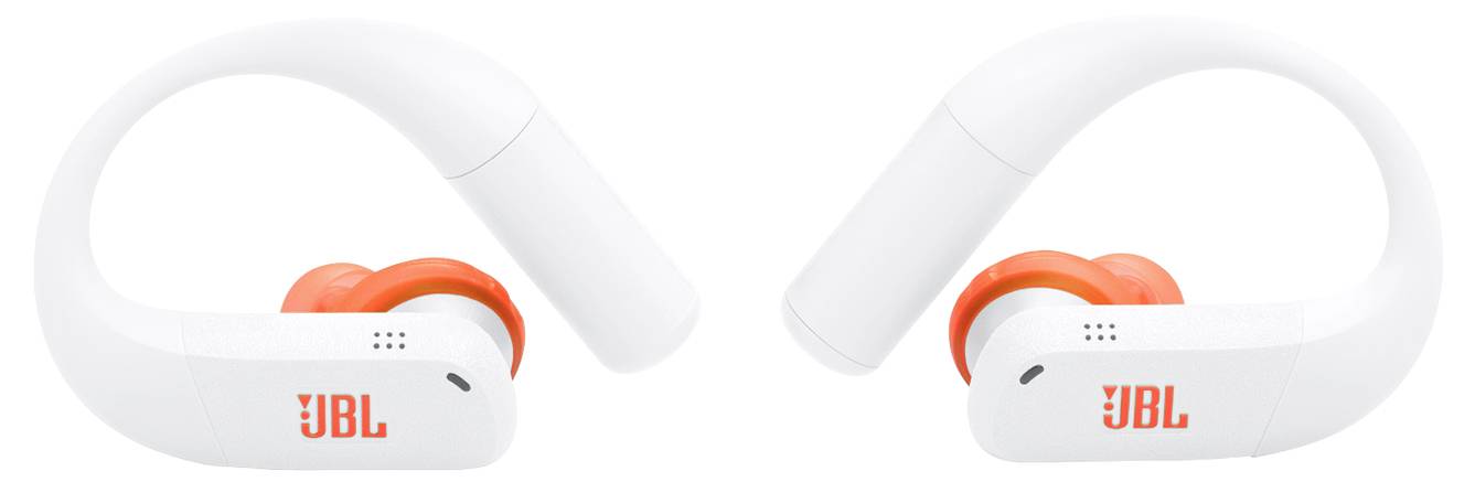 Weiße JBL-Wireless-Ohrhörer mit orangefarbenen Akzenten, ausgestattet mit Bügelhalterungen für einen sicheren Halt.