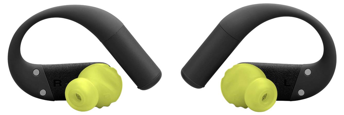 Schwarze kabellose Ohrhörer mit gelben Ohreinsätzen und Überohr-Bügeln, mit 'R' und 'L' für rechtes und linkes Ohr gekennzeichnet.