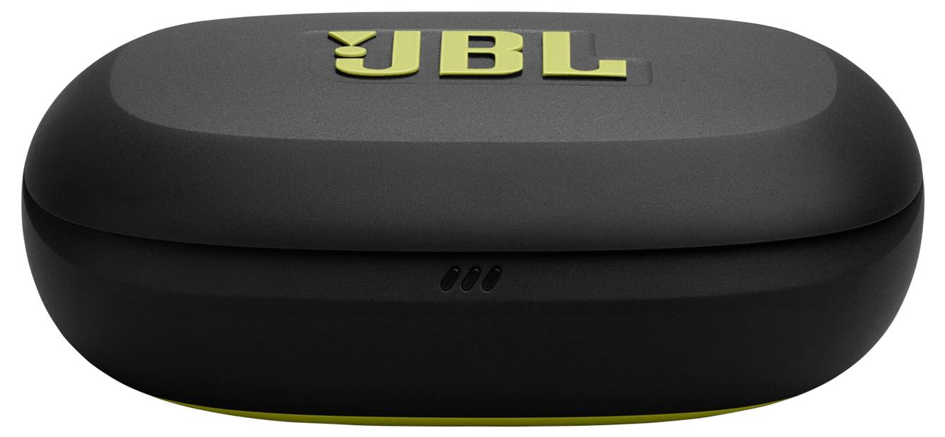 Eine schwarze JBL-Ohrhörertasche mit einem gelben JBL-Logo auf der Oberseite.
