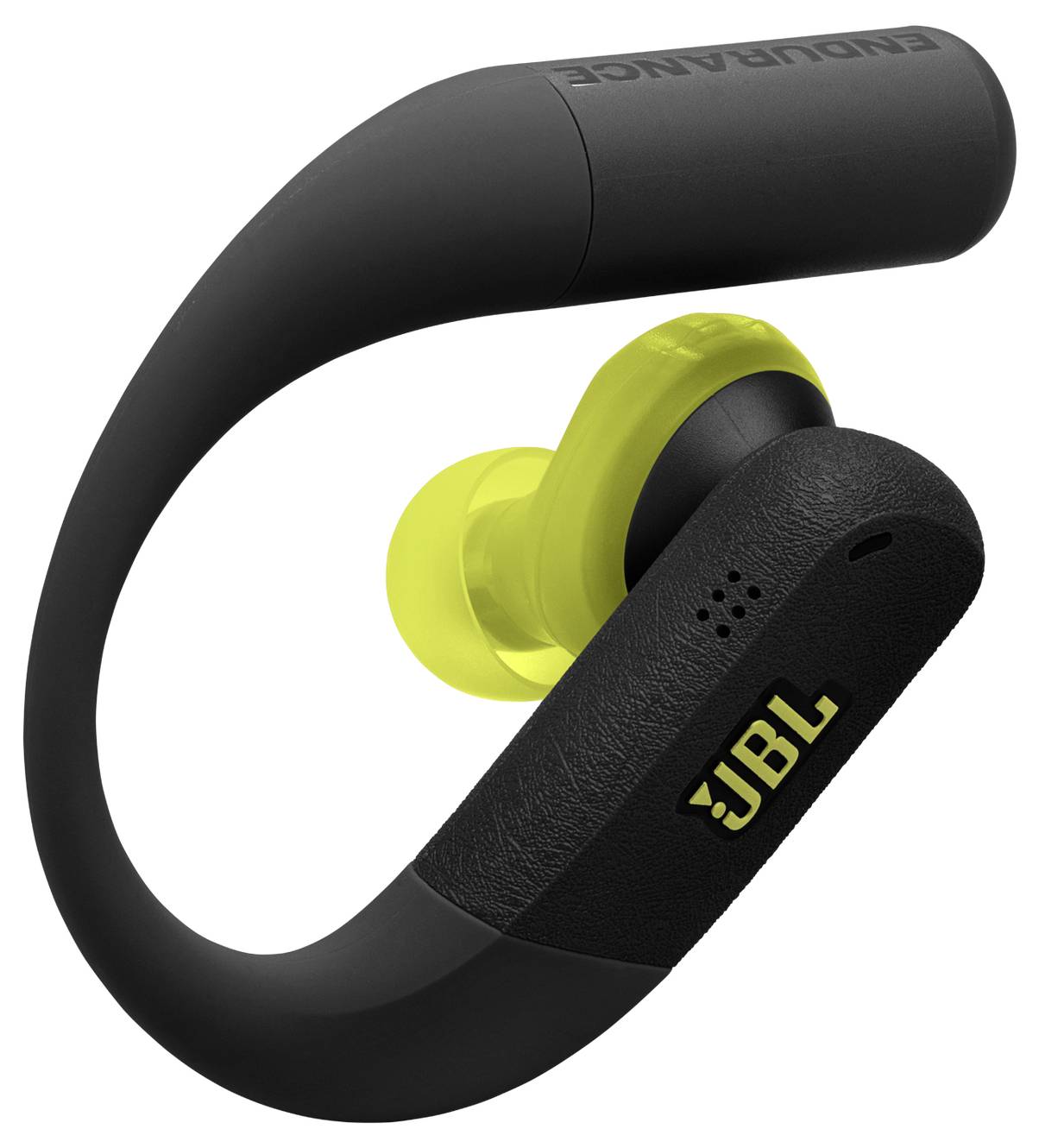 Schwarze JBL Endurance drahtlose Ohrhörer mit einer gelben Ohrmuschel, entwickelt für den Sportgebrauch.